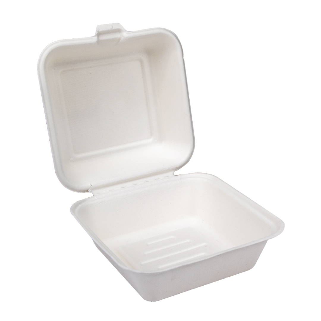 6×6″ Clamshell Burger Box (450ml) | Bagasse | Compostable Food Packaging | Qty: 500